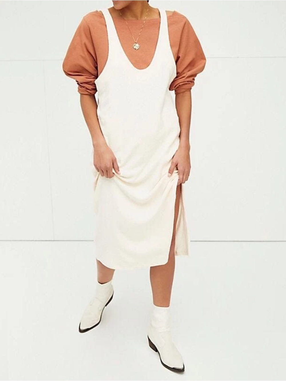 Free People Beach Scoop Neck‎ Ribbed Cream Be Happy Pinafore Dress Small